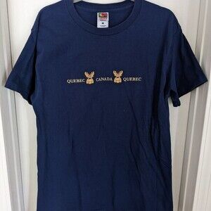 Quebec Canada Embroidered Moose T Shirt, Men's Large, Navy Blue